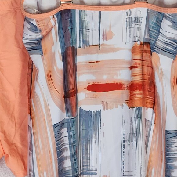 Rotita Peach Grey White Geo Print Poly Elastan Double Adj Strap Tankini Set Sz S - Picture 10 of 16